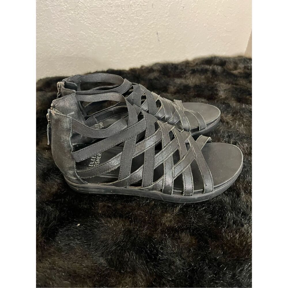 Eileen Fisher AIRY WS Graphite Matte Washed‎ Leather Sandals Size 7.5